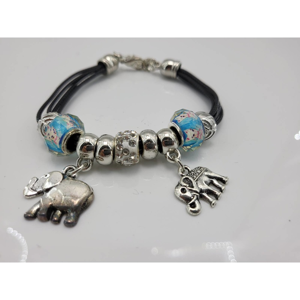 Women's Block Silver Tone Blue Sparkle Elephant Charm Bracelet